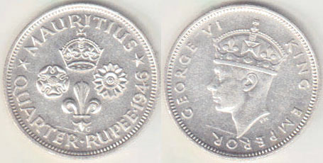1946 Mauritius silver 1/4 Rupee A004615